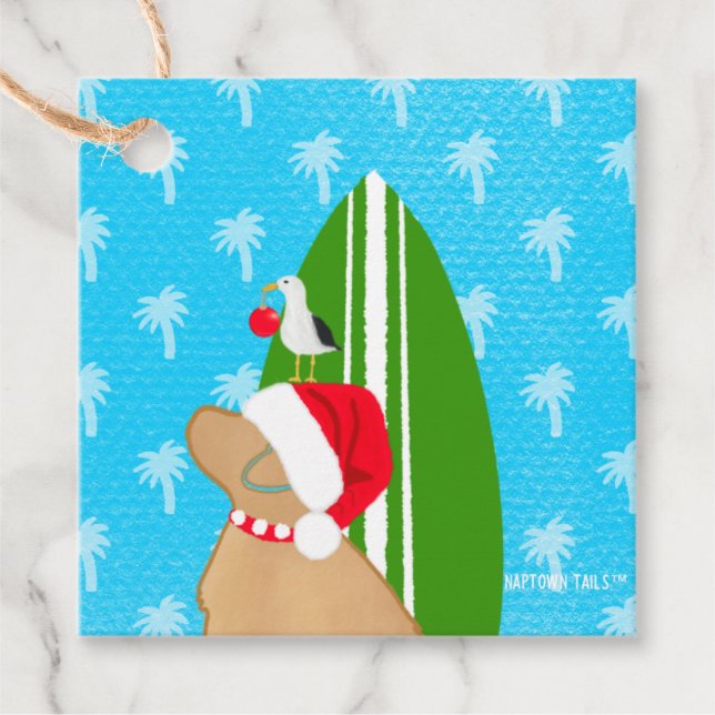 Golden Surf Dog Christmas Flat Gift Card Geschenkanhänger (Vorderseite)