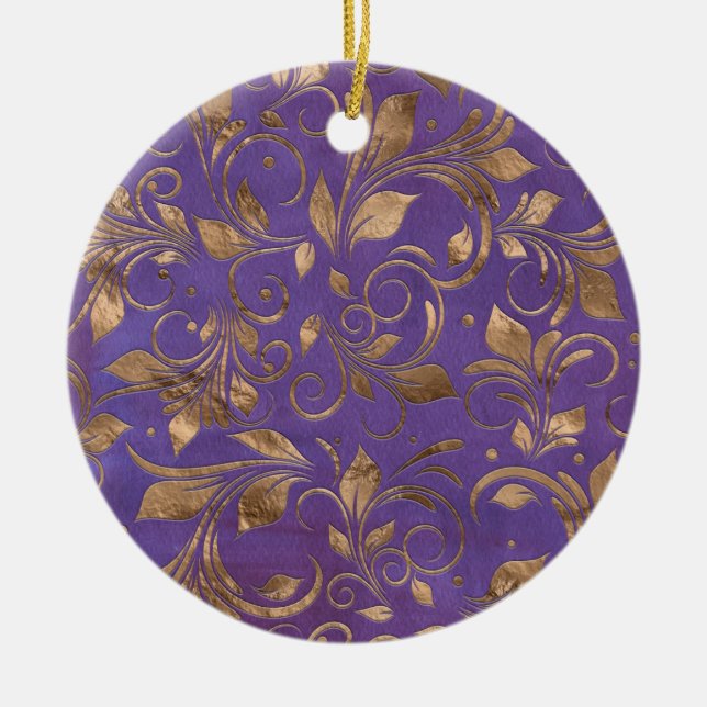 Golden Swirl Branchen auf lila Keramik Ornament (Vorne)