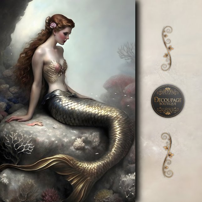 Golden Tail Mermaid Fantasy Decoupage Seidenpapier (Golden Tailed Mermaid Fantasy Decoupage Tissue Paper)