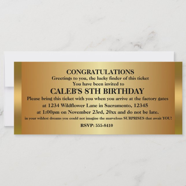 GOLDEN TICKET Anniversaire Fête Invitation (Devant)