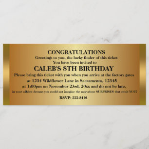GOLDEN TICKET Anniversaire Fête Invitation