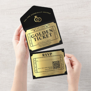 Golden Ticket Black & Gold QR Code Hochzeit All In One Einladung