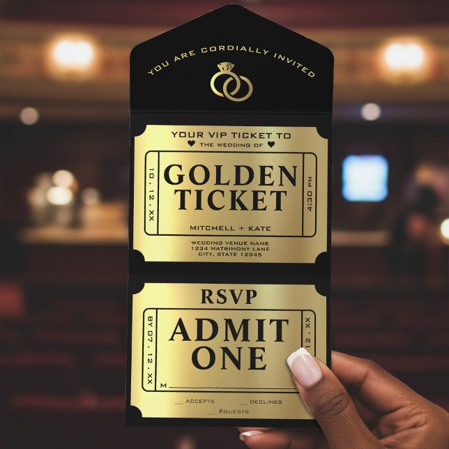 Golden Ticket Black & Gold Wedding All In One Einladung (Golden Ticket Black & Gold Wedding All In One Invitation
)