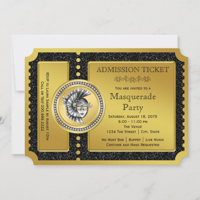 Golden Ticket Gold Masquera Party Einladung (Vorderseite)
