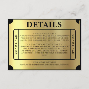 Golden Ticket Schwarz & Gold Hochzeitsdetails Begleitkarte