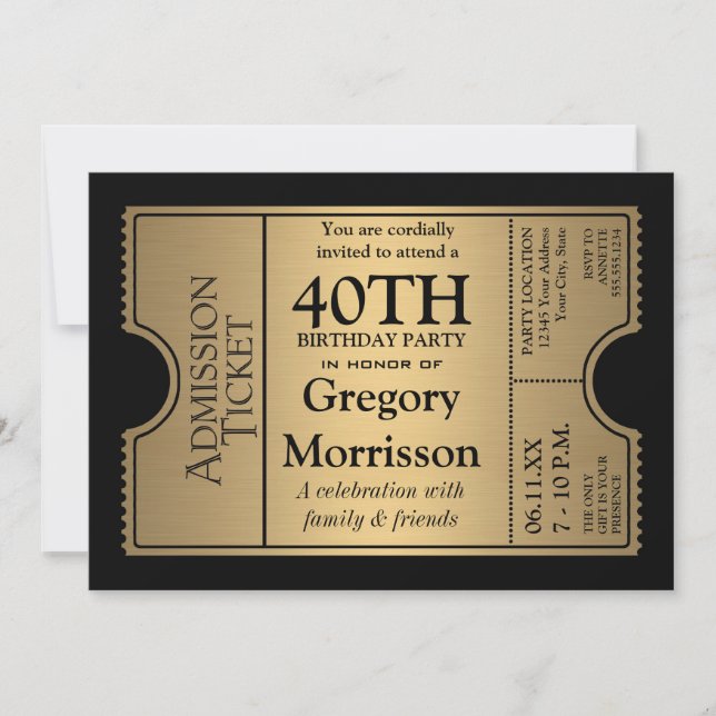 Golden Ticket Style 40. Geburtstag Party Einladung (Vorderseite)