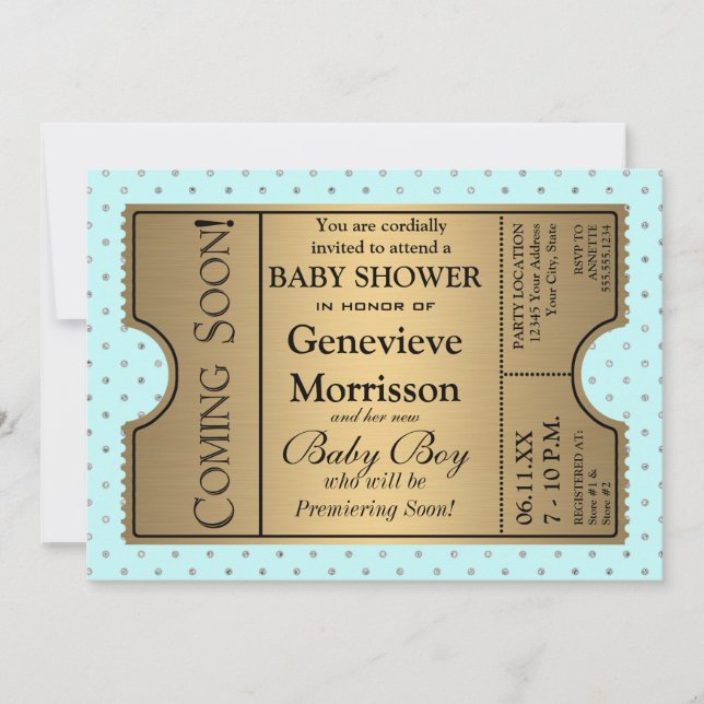 Golden Ticket Style Baby Boy Dusche Party laden ei Einladung (Vorderseite)