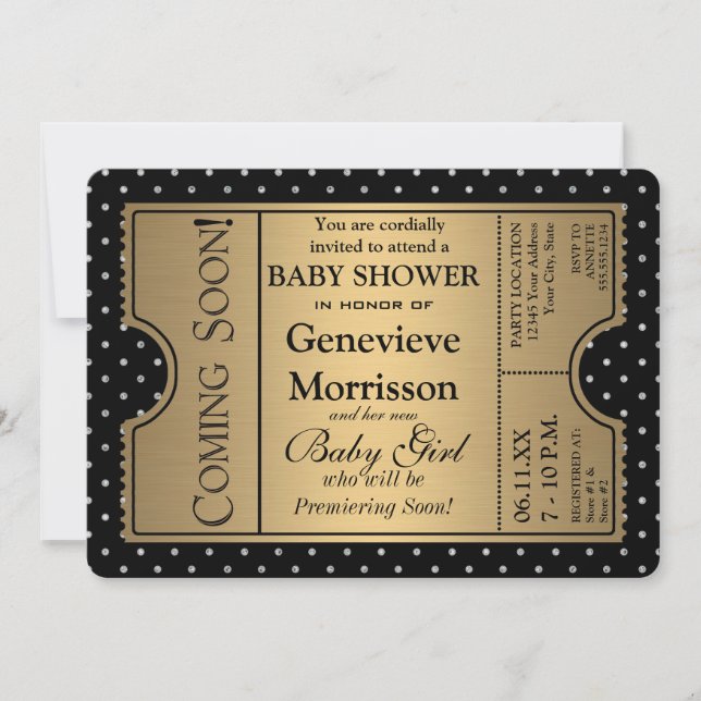 Golden Ticket Style Black Gold Girl Baby Dusche Einladung (Vorderseite)