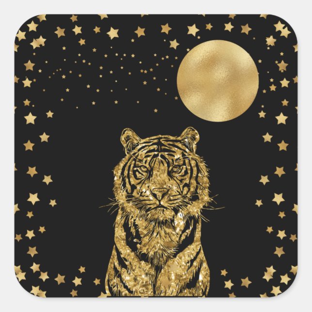 Golden Tiger Stars and Moon Black Quadratischer Aufkleber (Vorderseite)