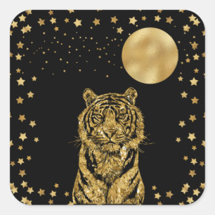 Golden Tiger Stars and Moon Black Quadratischer Aufkleber