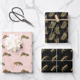 Golden Tigers Pattern Rosa Schwarz Elegant Luxus Geschenkpapier Set