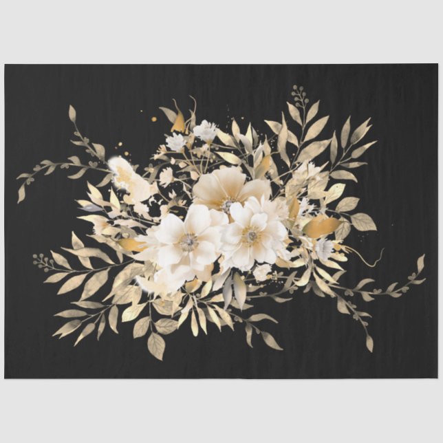 Golden Tone Floral Black Decoupage Tissue Paper Seidenpapier (Vorderseite)