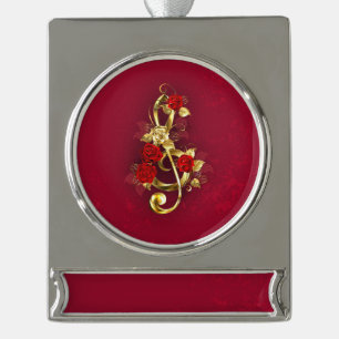 Golden Treble Cleve mit Rose Blume Banner-Ornament Silber