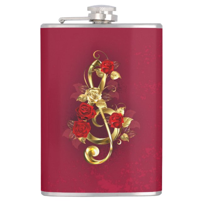 Golden Treble Cleve mit Rose Blume Flachmann (Vorderseite)