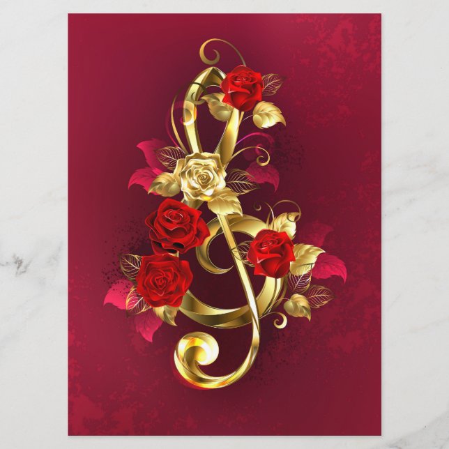 Golden Treble Cleve mit Rose Blume Menükarte (Vorderseite)