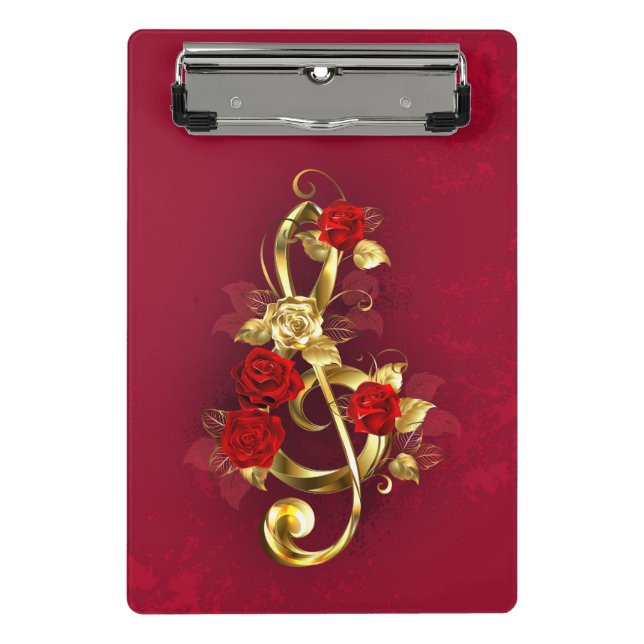 Golden Treble Cleve mit Rose Blume Mini Klemmbrett (Vorderseite)