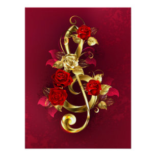 Golden Treble Cleve mit Rose Blume Poster