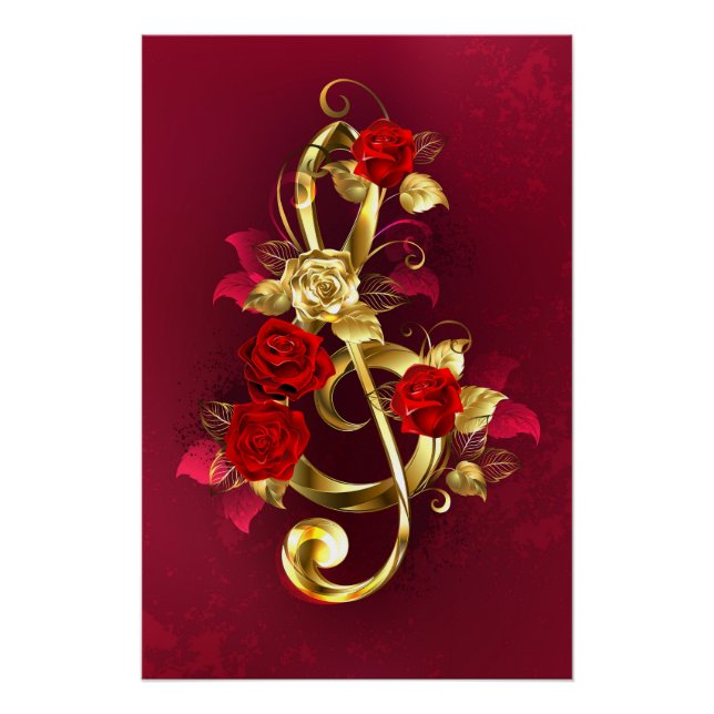 Golden Treble Cleve mit Rose Blume Poster (Vorderseite)
