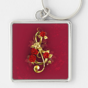 Golden Treble Cleve mit Rose Blume Schlüsselanhänger