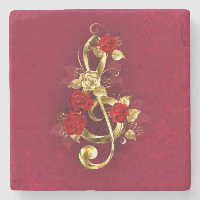 Golden Treble Cleve mit Rose Blume Steinuntersetzer (Vorderseite)