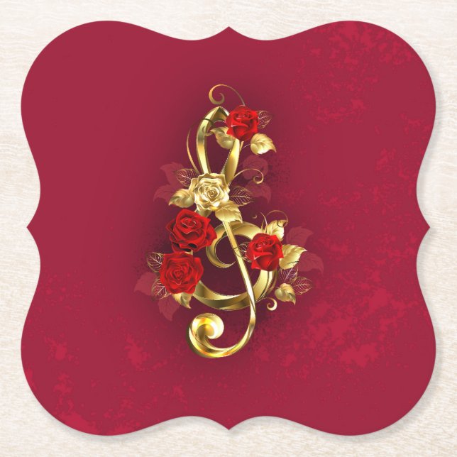 Golden Treble Cleve mit Rose Blume Untersetzer (Vorderseite)