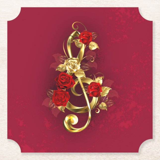 Golden Treble Cleve mit Rose Blume Untersetzer (Vorderseite)