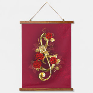 Golden Treble Cleve mit Rose Blume Wandteppich Mit Holzrahmen