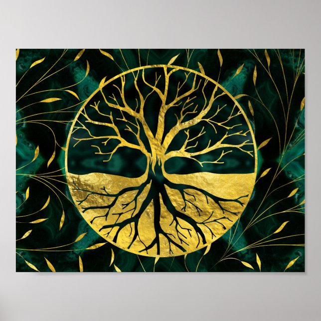Golden Tree of Life Yggdrasil on Malachite Poster (Vorne)
