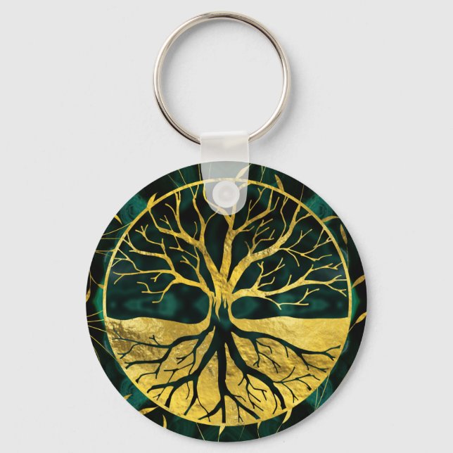 Golden Tree of Life Yggdrasil on Malachite Schlüsselanhänger (Vorderseite)