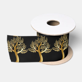 Golden Trees with Golden Hearts on Black Satinband