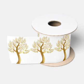 Golden Trees with Golden Hearts on White Satinband