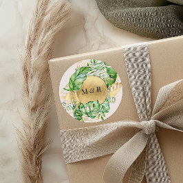 Golden Tropical Foliage Monogram Wedding Runder Aufkleber