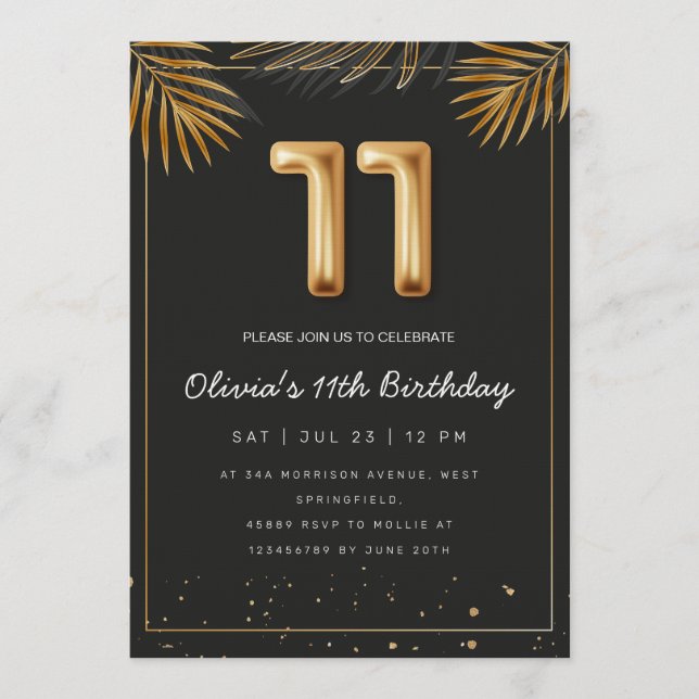 Golden Tropical Palm Leaves 11th Birthday  Einladung (Vorderseite)