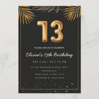 Golden Tropical Palm Leaves 13th Birthday  Einladung