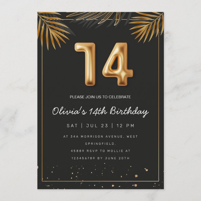 Golden Tropical Palm Leaves 14th Birthday  Invitat Einladung (Vorderseite)