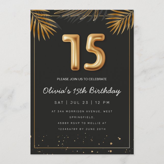 Golden Tropical Palm Leaves 15th Birthday  Einladung (Vorderseite)