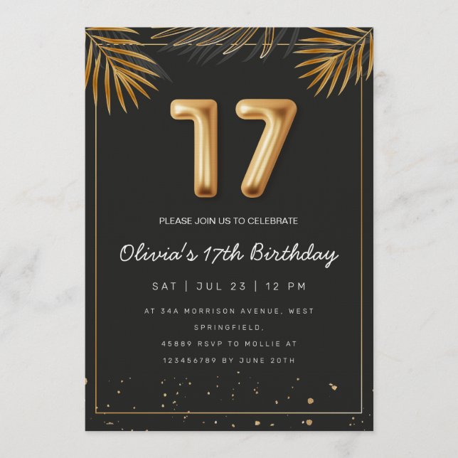 Golden Tropical Palm Leaves 17th Birthday  Einladung (Vorderseite)