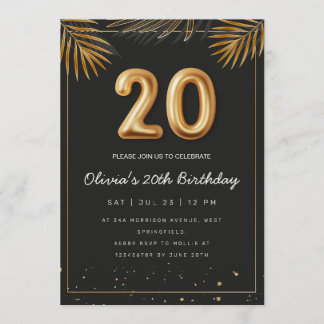 Golden Tropical Palm Leaves 20th Birthday  Einladung