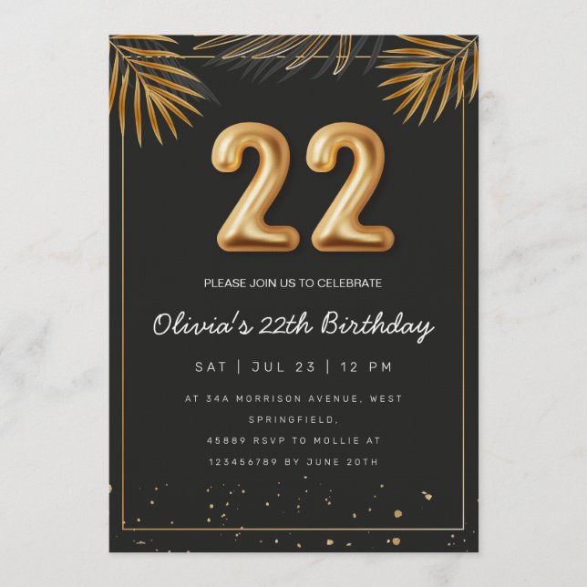 Golden Tropical Palm Leaves 22th Birthday  Einladung (Vorderseite)