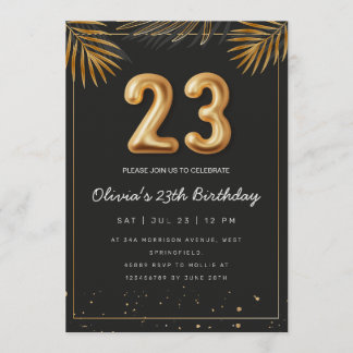 Golden Tropical Palm Leaves 23th Birthday  Einladung
