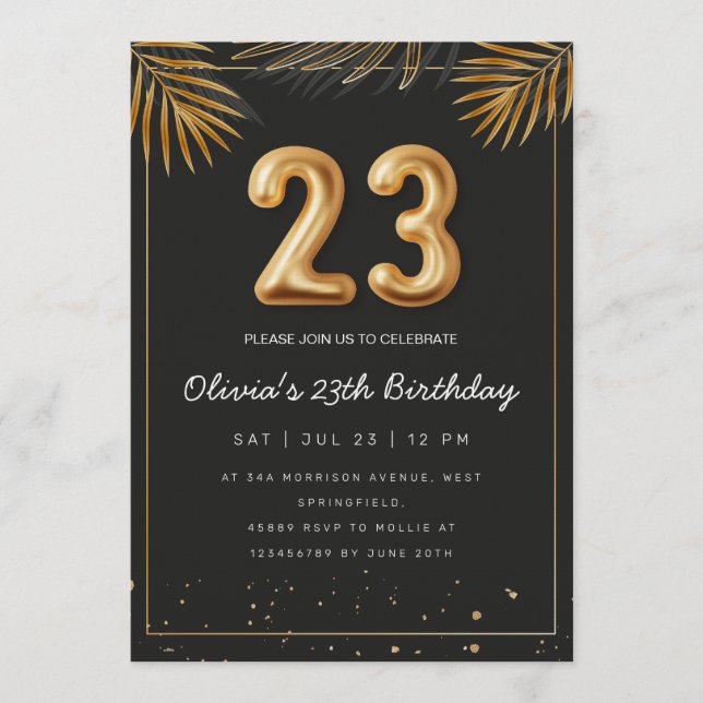 Golden Tropical Palm Leaves 23th Birthday  Einladung (Vorderseite)
