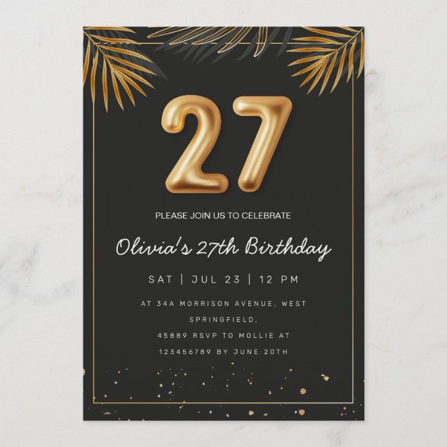 Golden Tropical Palm Leaves 27th Birthday  Einladung (Vorderseite)