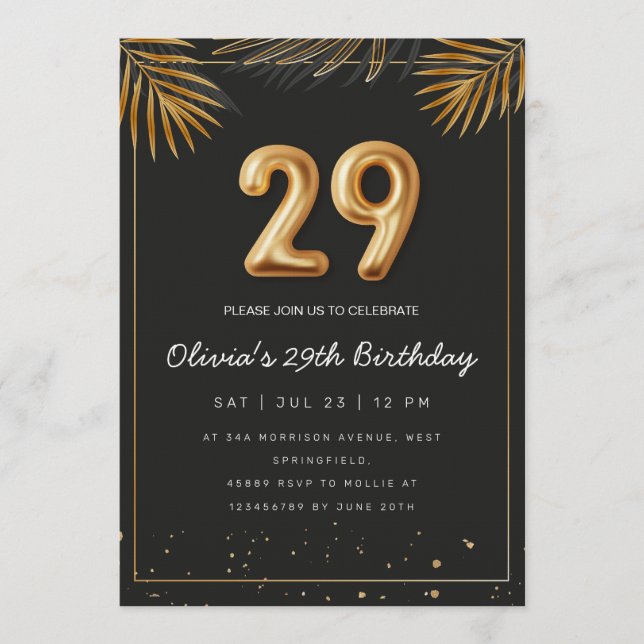 Golden Tropical Palm Leaves 29th Birthday  Einladung (Vorderseite)