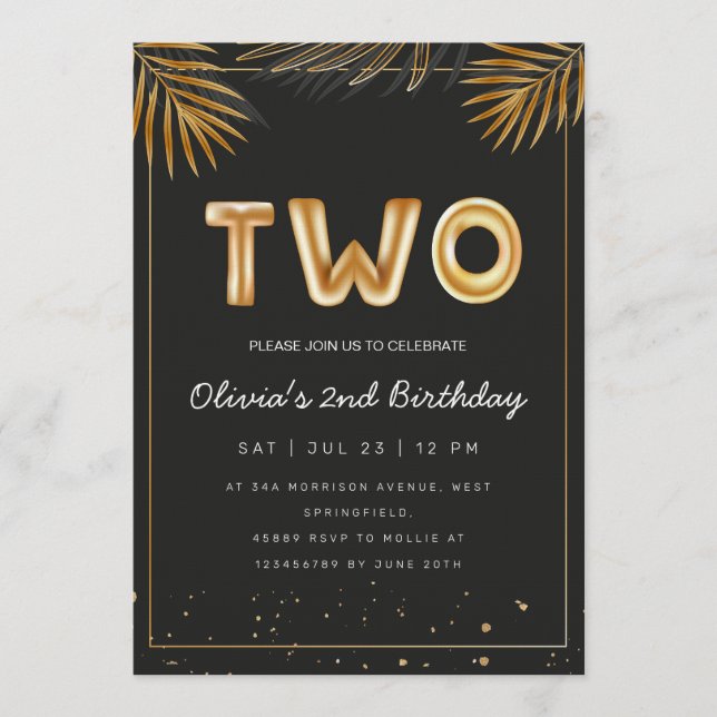  Golden Tropical Palm Leaves 2nd Birthday  Einladung (Vorderseite)