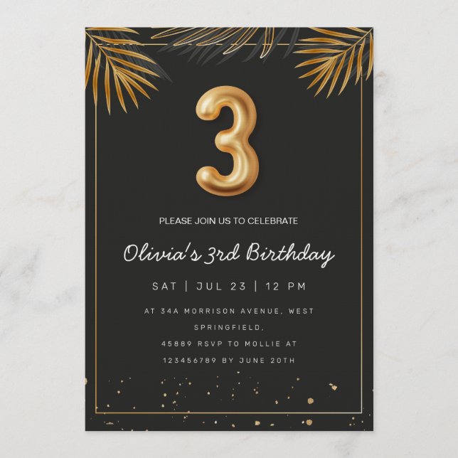  Golden Tropical Palm Leaves 3rd Birthday  Einladung (Vorderseite)
