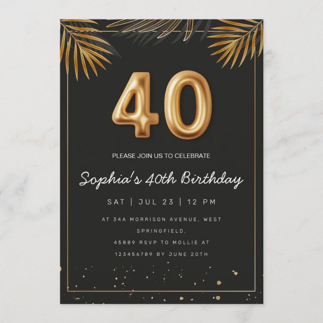 Golden Tropical Palm Leaves 40th Birthday  Einladung (Vorderseite)