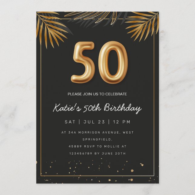 Golden Tropical Palm Leaves 50th Birthday  Einladung (Vorderseite)