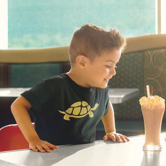 Golden Turtle T-Shirt (Boy smiling at ice-cream milk shake while wearing yellow tortise cartoon design)