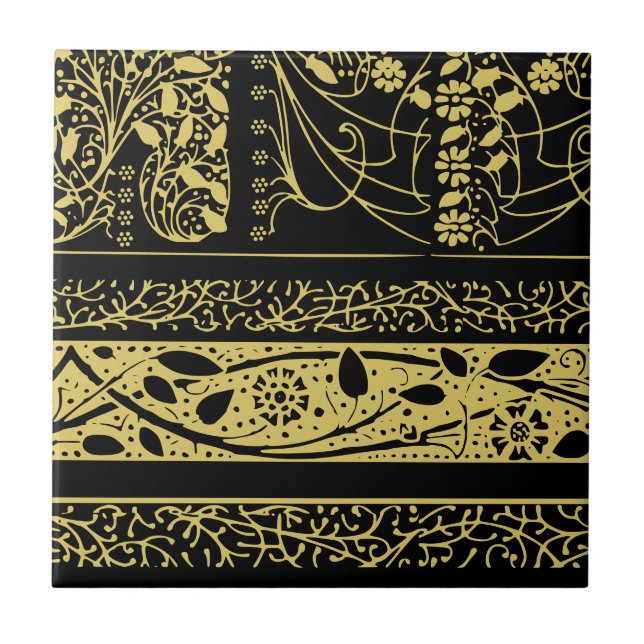 Golden und Black Art Deco Geometrische Streifen Fliese (Vorderseite)