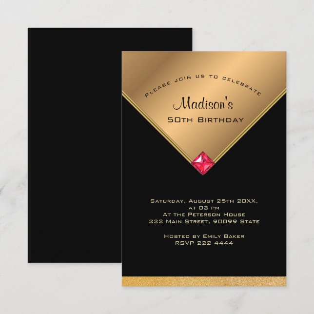 Golden und Black Birthday Einladung (Vorne/Hinten)